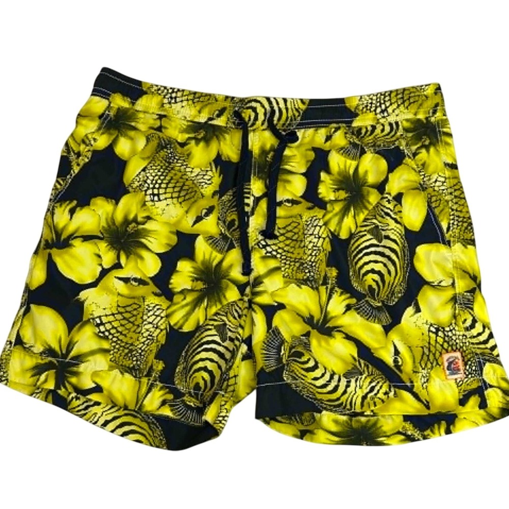 Tommy Bahama Relax Swim Trunks Mens Large Yellow Black Fish Floral Board Shorts